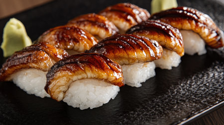 Experience the delightful presentation of unagi eel nigiri sushi, showcasing rich flavors and elegant aesthetics, perfect for any gourmet dining occasion.の素材