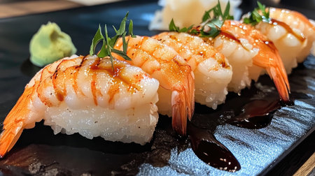 Enjoy a beautiful arrangement of fresh ama ebi shrimp nigiri sushi. This dish features delicate seafood with a rich flavor, perfect for sushi lovers.の素材
