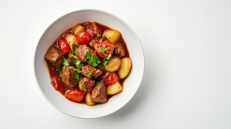 A delicious high angle view of savory beef stew with tender potatoes, vibrant tomatoes, and fresh herbs, perfect for a cozy meal or dinner gathering.の素材