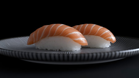 A close-up view of beautifully arranged salmon sushi on a stylish plate, showcasing the vibrant orange fillet atop creamy rice, perfect for food lovers.の素材