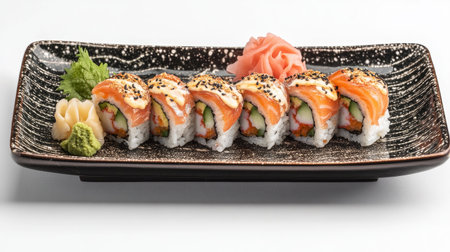 This captivating image showcases an elegant display of assorted sushi rolls, beautifully presented on a decorative plate, perfect for culinary enthusiasts.の素材