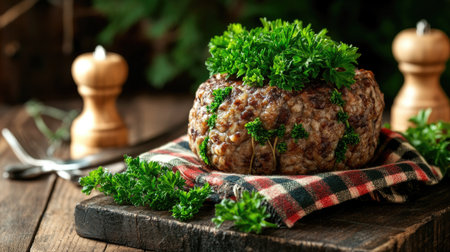 A rustic presentation of haggis, beautifully wrapped in plaid fabric and garnished with fresh herbs, creating an appealing and hearty dish for any occasion.の素材