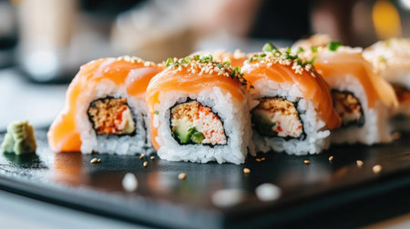 Indulge in this visually stunning maki sushi featuring salmon, fresh vegetables, and a delightful garnish. Perfect for food lovers and culinary enthusiasts.の素材