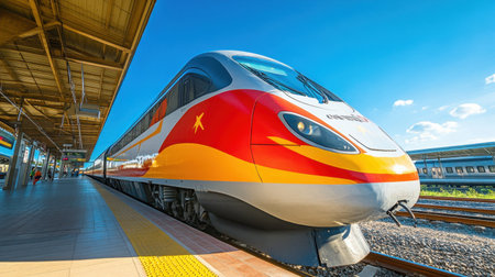 A high-speed train is showcased at a station under a clear blue sky, emphasizing modern transportation technology and vibrant design, ready for passengers.の素材