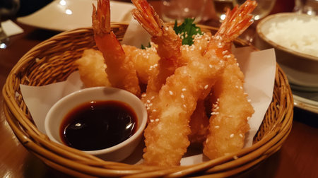 A delightful basket filled with crispy tempura shrimp, served with a flavorful dipping sauce. Perfect for appetizers or casual dining experiences.の素材