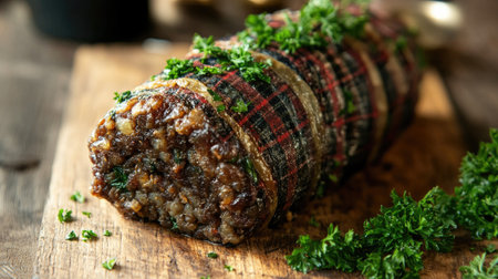 A beautifully presented haggis wrapped in tartan fabric, garnished with fresh herbs, ideal for traditional Scottish cuisine and festive gatherings.の素材