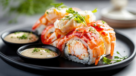Indulge in these dynamic sushi rolls featuring fresh crab and salmon, elegantly plated with creamy sauce and herbs, perfect for any gourmet occasion.の素材