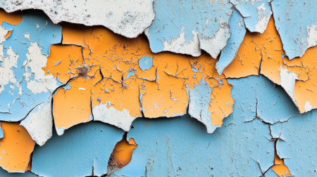 This close-up image showcases a weathered surface with captivating blue and orange paint, highlighting intricate cracks and textures for an artistic touch.の素材