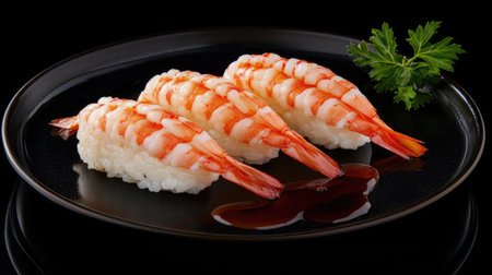 Enjoy this delightful ebi shrimp nigiri beautifully presented on a black plate. A perfect representation of Japanese cuisine, ideal for sushi lovers.の素材