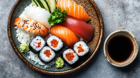 A vibrant plate of sushi featuring fresh seafood, rice, and vegetables. Perfect for gourmet dining or culinary photography, showcasing Japanese cuisine.の素材