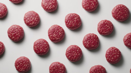 A collection of uncooked burger patties displayed on a white background, showcasing their fresh, high-quality texture and color, perfect for culinary presentations.の素材
