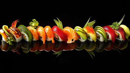 An exquisite sushi platter beautifully arranged with vibrant colors, showcasing various types of seafood on a sleek black background, ideal for culinary enthusiasts.の素材