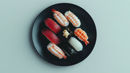 Enjoy a minimalist presentation of assorted sushi nigiri delicately arranged on a sleek black plate, showcasing a blend of colors and textures perfect for dining.の素材