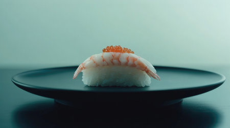 A stunning minimalist presentation of nigiri sushi featuring delicate shrimp, artfully displayed on a sleek black plate. Ideal for culinary enthusiasts and food photography.の素材