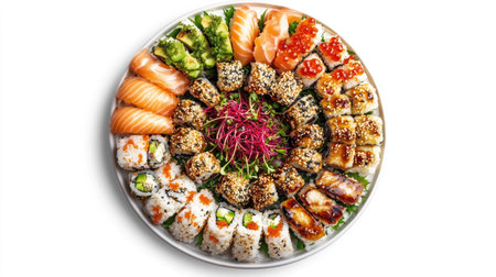 A stunning view of a sushi platter showcasing a variety of fresh sushi and rolls, arranged beautifully for an appetizing presentation. Perfect for gatherings.の素材