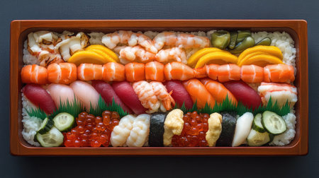 A vibrant chirashi sushi platter featuring an array of fresh seafood, including shrimp, tuna, and salmon, perfect for a delightful dining experience.の素材
