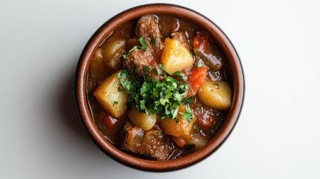 A rustic bowl of beef stew featuring tender chunks of meat, hearty potatoes, and fresh herbs. Perfect for a cozy meal or dinner gathering.の素材