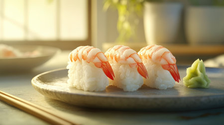 This image features beautifully crafted ebi nigiri sushi arranged on a plate, showcasing delicate shrimp and a hint of wasabi against a serene backdrop.の素材