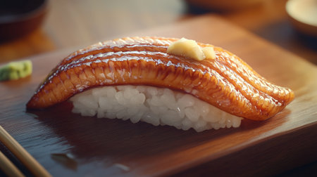 Experience the delightful presentation of unagi nigiri sushi on a wooden platter, showcasing its rich flavors and exquisite texture, perfect for food lovers.の素材
