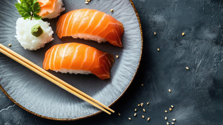 A minimalist presentation of salmon sushi on a dark plate, featuring fresh slices of sushi, wasabi, and sesame seeds for an elegant dining experience.の素材