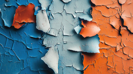 This close-up image showcases a weathered surface with vibrant blue and orange colors, revealing intricate peeling paint patterns. Perfect for artistic projects.の素材
