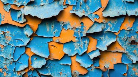 A vibrant close-up of a weathered surface showcasing peeling blue and orange paint. This artistic texture offers a unique backdrop with rich colors and intricate patterns.の素材