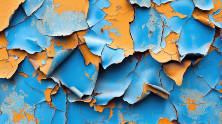 A close-up view of a weathered surface featuring vibrant blue and orange paint peeling away, showcasing texture and intricate details suitable for various design projects.の素材