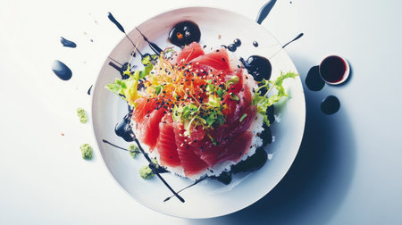 Delight in this colorful chirashi bowl featuring fresh tuna and vibrant garnishes on a bed of rice. A beautiful presentation showcasing culinary art.の素材