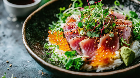 A vibrant chirashi sushi bowl filled with fresh seafood, rice, and colorful toppings. Perfect for food photography, culinary blogs, and restaurant menus.の素材
