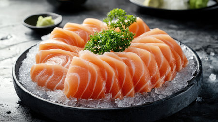 An elegant presentation of fresh hamachi sashimi beautifully arranged on ice, garnished with herbs, ideal for showcasing culinary artistry in gourmet cuisine.の素材