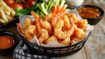 A visually appealing basket filled with crispy shrimp, perfect for culinary presentations or gourmet dining. Ideal for food-related projects and concepts.の素材