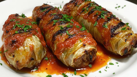 A tantalizing plate of stuffed cabbage rolls topped with rich tomato sauce and fresh herbs, perfect for a delicious meal or festive gathering.の素材