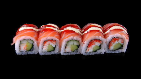 Experience the vibrant colors and textures of delicious uramaki sushi rolls in this close-up photograph, perfect for showcasing Japanese cuisine.の素材