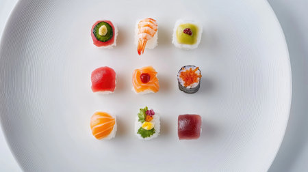 Experience an elegant arrangement of sushi carefully presented on a pristine white plate, showcasing a delightful blend of colors and tastes.の素材