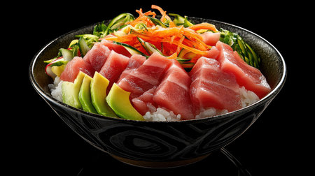 Discover a stunning chirashi sushi bowl featuring vibrant ingredients like fresh tuna, avocado, and vegetables, beautifully presented for a gourmet dining experience.の素材