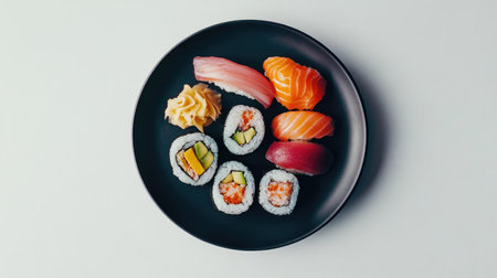 A stylish arrangement of mixed sushi on a black plate, showcasing vibrant colors and various textures perfect for a gourmet meal or dining experience.の素材
