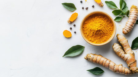 A vibrant bowl of bright turmeric powder surrounded by fresh turmeric roots and green leaves, showcasing the natural beauty and culinary use of this spice.の素材