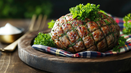 A close-up view of a beautifully presented haggis, garnished with fresh herbs on a rustic wooden platter. Ideal for food lovers and culinary enthusiasts.の素材