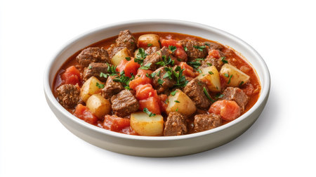 This close-up shot features a bowl of savory beef stew, filled with tender beef, potatoes, and fresh tomatoes, perfect for a hearty meal.の素材