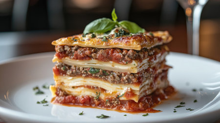 A delectable close-up of a layered lasagna slice showcasing rich tomato sauce, cheese, and herbs. Perfect for food lovers and culinary enthusiasts.の素材