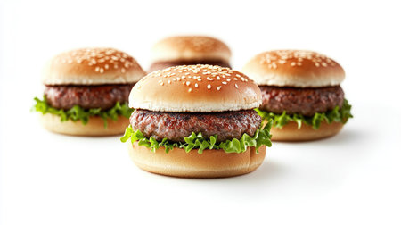 A delicious burger stacked with fresh lettuce and a juicy beef patty on a clean white background, perfect for culinary presentations and food photography.の素材