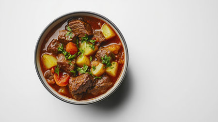 Capture the essence of comfort food with this high angle view of delicious beef stew in a bowl, featuring tender meat, hearty vegetables, and fresh herbs. Perfect for meal inspiration!の素材