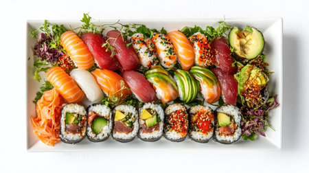 A top view of a lavish sushi platter showcasing a variety of vibrant sushi and sashimi, beautifully arranged with fresh ingredients and artistic presentation, perfect for dining or culinary events.の素材