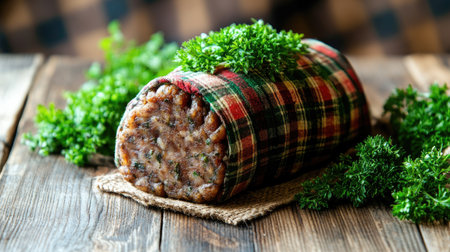 A beautifully styled haggis wrapped in tartan fabric, set on a rustic wooden table. Fresh herbs add color, showcasing traditional Scottish cuisine. Perfect for celebrations.の素材