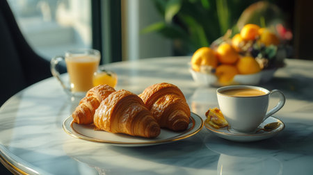 A beautiful breakfast scene featuring delicious croissants, coffee, and fresh fruits, set on an elegant table bathed in warm morning light. Perfect for conveying morning comfort and luxury.の素材