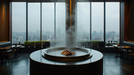 A beautifully arranged shabu shabu hotpot set in a modern restaurant with a stunning city view, offering an elegant and inviting dining experience.の素材