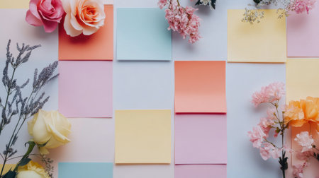 A vibrant arrangement of colorful sticky notes surrounded by delicate flowers on a soft background, perfect for creative planning or inspiration.の素材