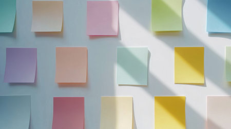 A vibrant display of colorful sticky notes arranged on a clean wall. The interplay of light and shadows adds depth, creating a cheerful and organized atmosphere.の素材