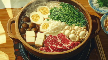 A vibrant hotpot featuring an array of fresh ingredients including vegetables, meats, tofu, and eggs, simmering in a rich broth, perfect for communal dining.の素材