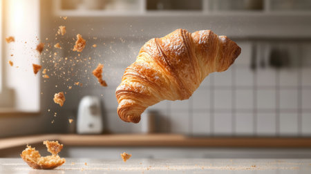 A beautifully baked croissant hovers above a kitchen surface, capturing the light and showcasing its golden, flaky texture amidst scattered crumbs.の素材